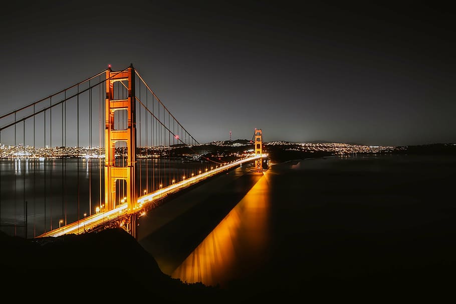 fotografía de lapso de tiempo, dorado, puerta, noche, puente golden gate, san francisco, famoso, hito, histórico, california