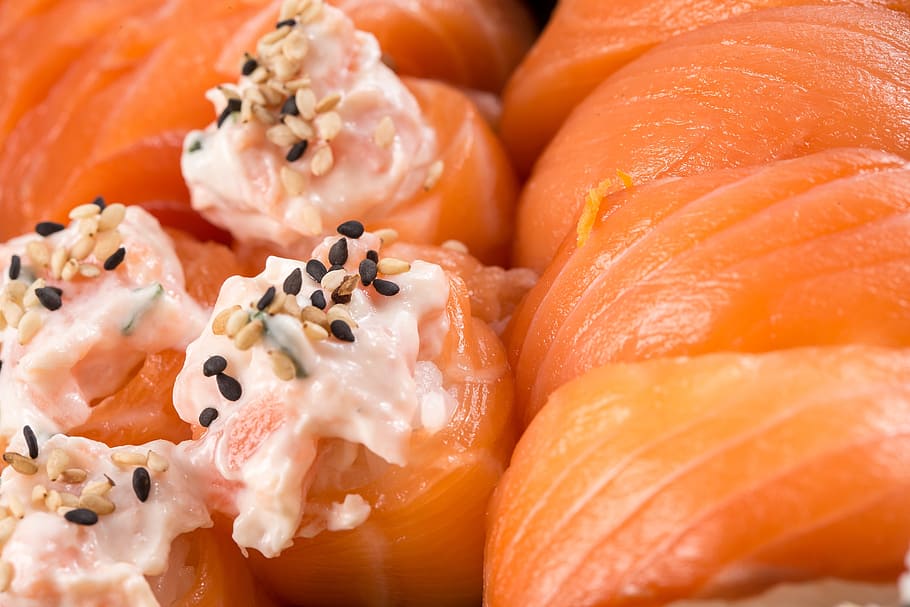 closeup, foto, sushi, salmon, niguiri, makanan, makanan dan minuman, makanan sehat, kesejahteraan, kesegaran