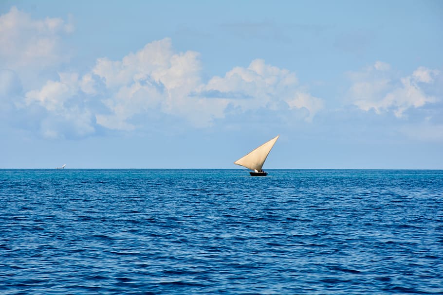sailing boat, zanzibar, the indian ocean, africa, sea, water, sky, horizon over water, horizon, waterfront