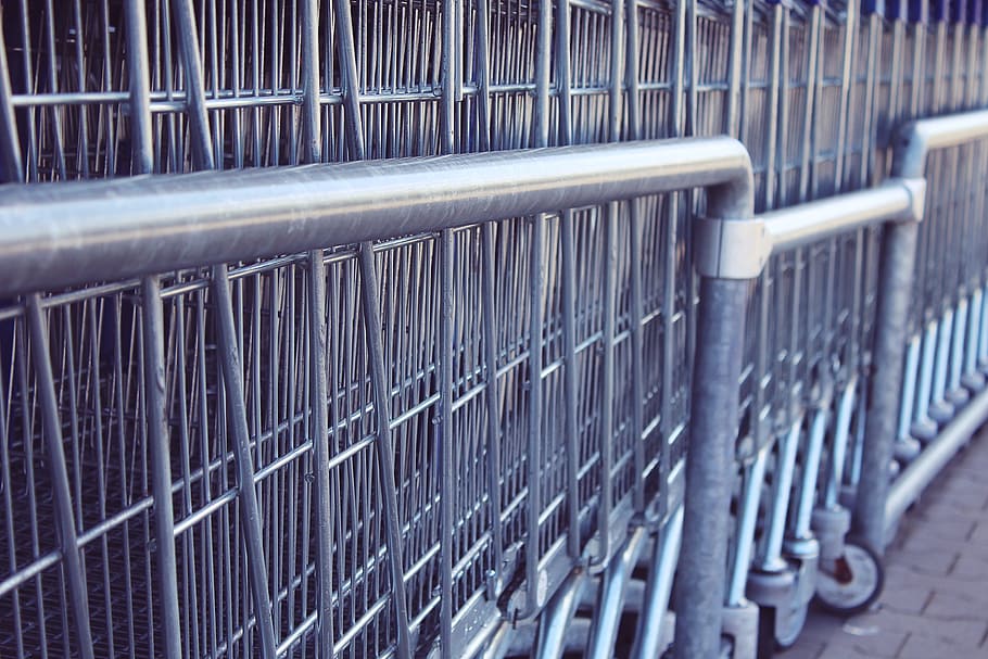 gray shopping carts, shopping cart, arrangement, supermarket, shopping, slide, wheels, shopping basket, transport, goods