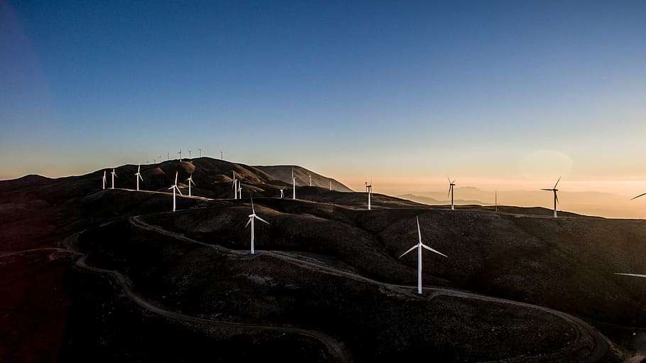 landscape photo, wind mills, white, windmills, mountain, photography, dark, sunset, windmill, solar