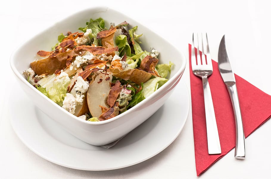 vegetable salad, white, bowl, plate, fork, knife, italian salad, chicken salad, vegetables, salad