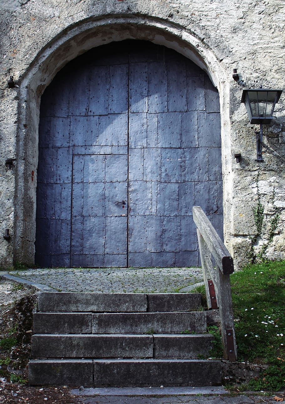 escalera, frente, azul, madera, puerta, meta, entrada, metal, castillo, negro