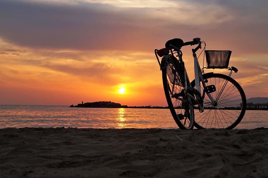 blanco, bicicleta, arena, playa, velocípedo, mar, puesta de sol, estacionamiento, marina di massa, acantilado