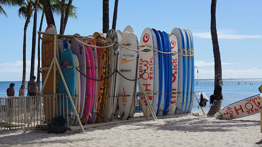 assorted-color surfboards, piled, shore, beach, sand, sea, vacation, surf, sunlight, sky