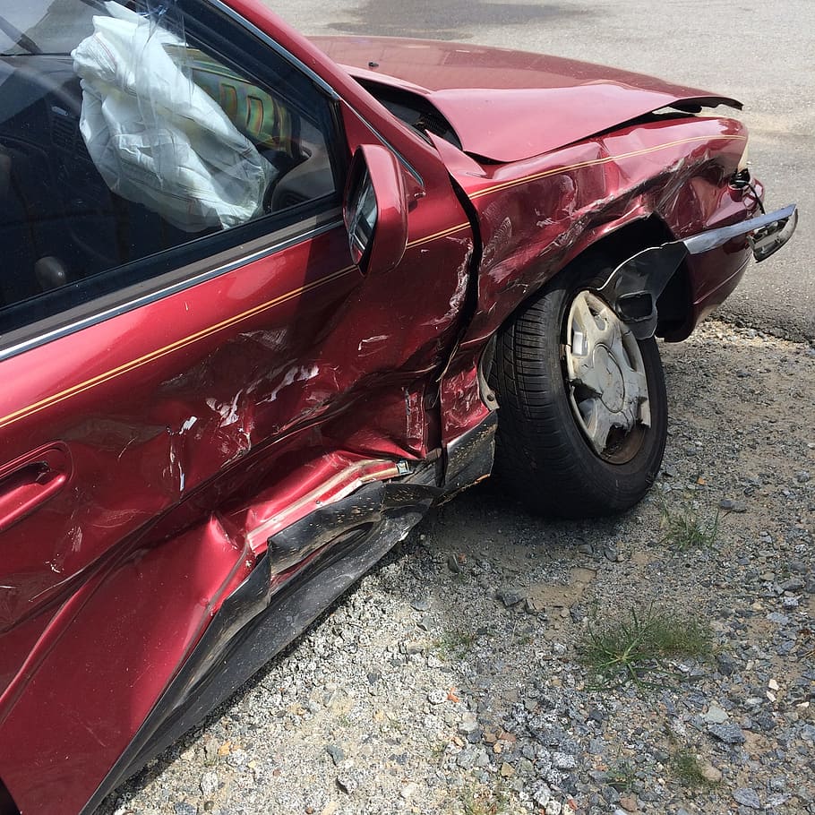 wrecked, red, vehicle, car accident, totalled, car, crash, accident, auto, broken