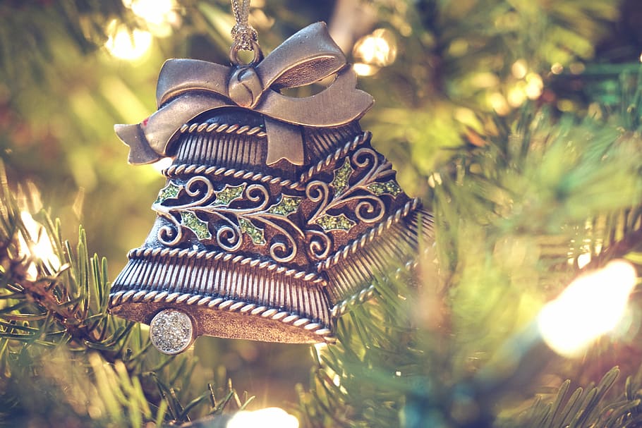 selective, focus photo, hanged, gold-colored, decorative, bells, plant, brown, steel, christmas