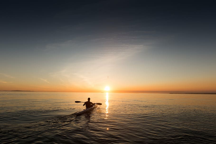 person, riding, kayak, paddle, explore, ocean, sky, water, reflection, horizon