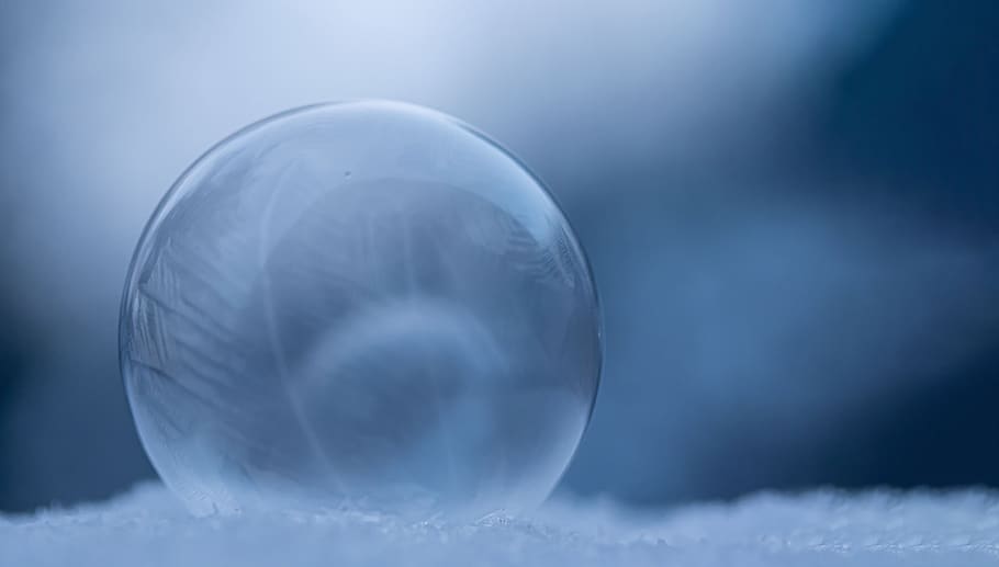 bolha, bola, bolha de sabão, bolha do gelo, azul, frio, espelhamento, neve, inverno, congelado
