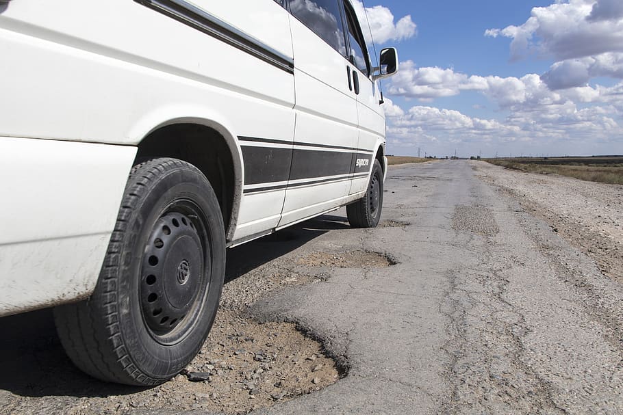 pothole, road, kazakhstan, hole, asphalt, repair, infrastructure, volkswagen, van life, transportation