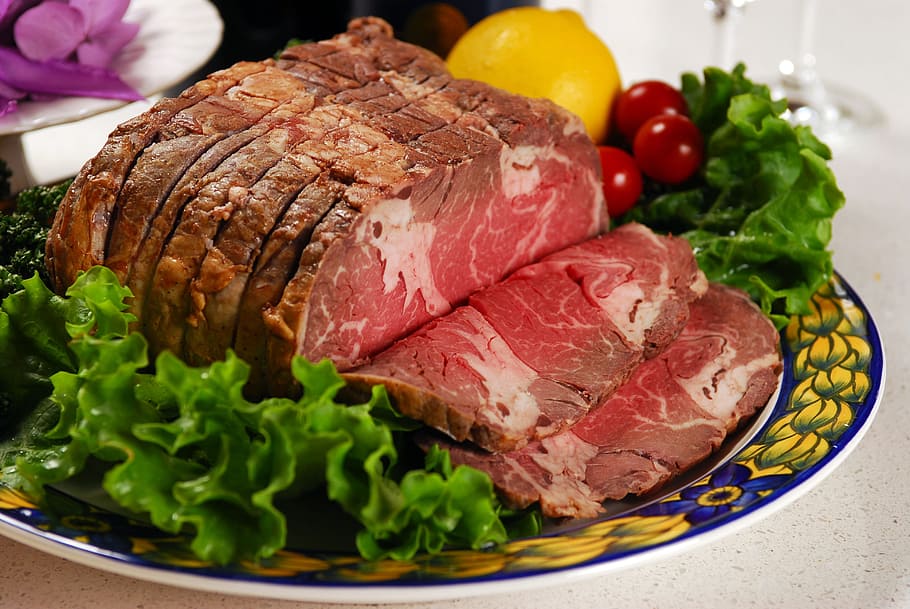 closeup, photography, rare, cooked, ham, plate, lettuce, Roast Beef, Lump, Chunk