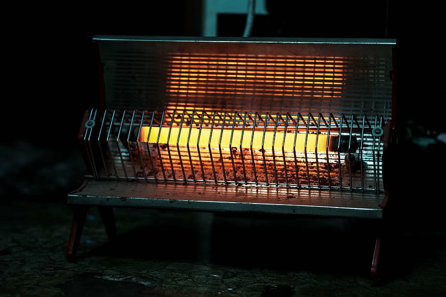 turned-on infrared heater, room heater, yellow light, worm, yellow, heater, barbecue, heat - temperature, barbecue grill, flame