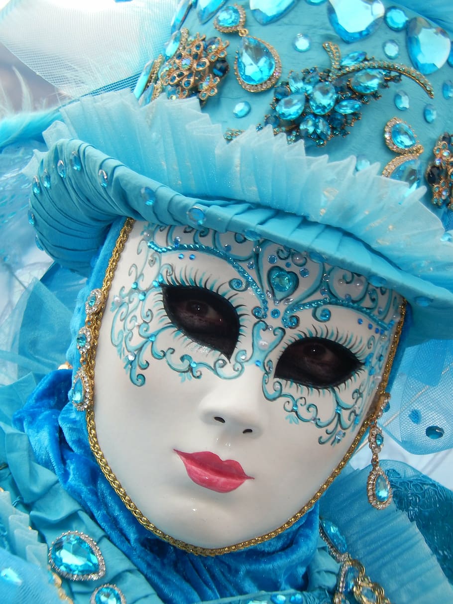 person, wearing, white, blue, face mask, mask, carnival, venice - Italy, mask - Disguise, costume