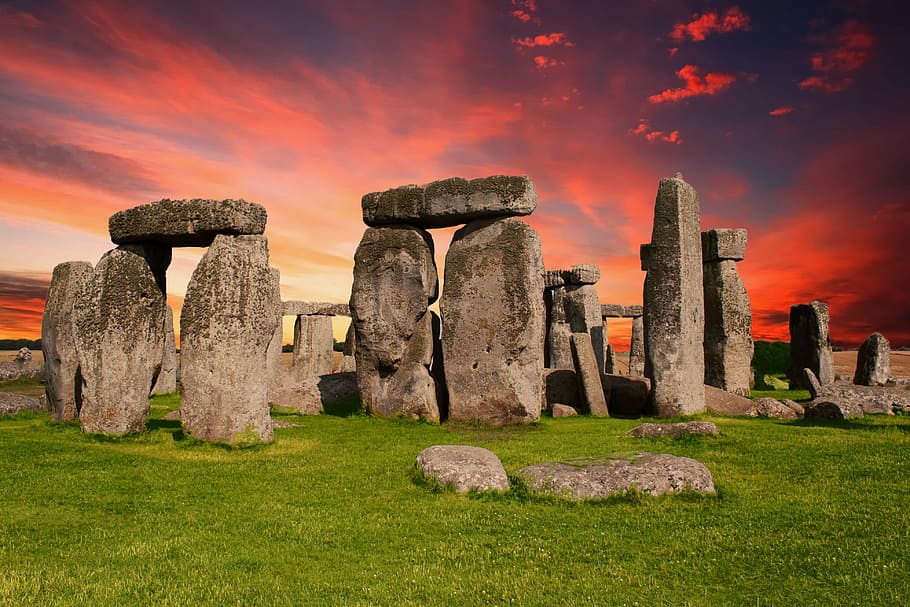 formasi batuan, oranye, langit, emas, jam, stonehenge, monumen, prasejarah, salisbury, inggris