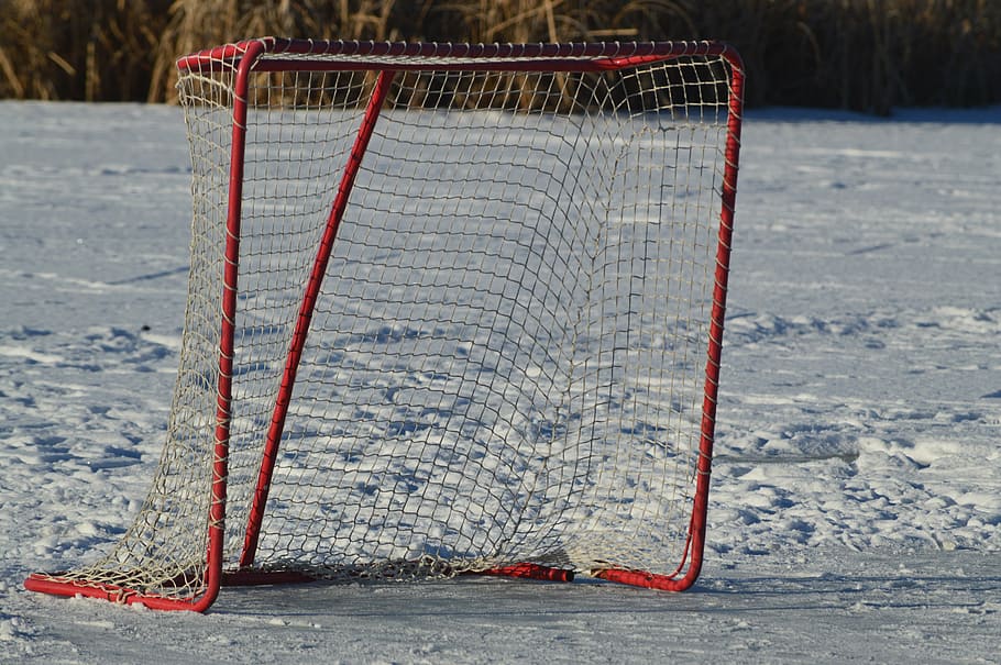 red, white, goal, net, snowfield, hockey net, outdoor, puck, sport, frozen