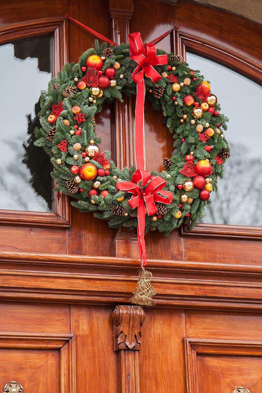 garland, christmas, door, decoration, decorated door, ornament, christmas season, low angle view, architecture, wood - material