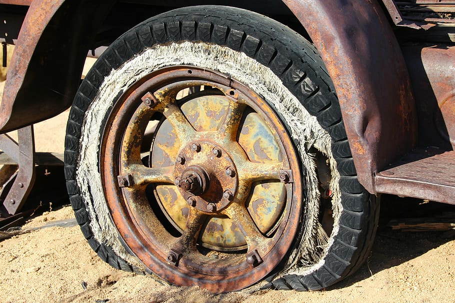 neumático del vehículo, neumático, rueda, vintage, antiguo, roto, oxidado, abandonado, camión, coche