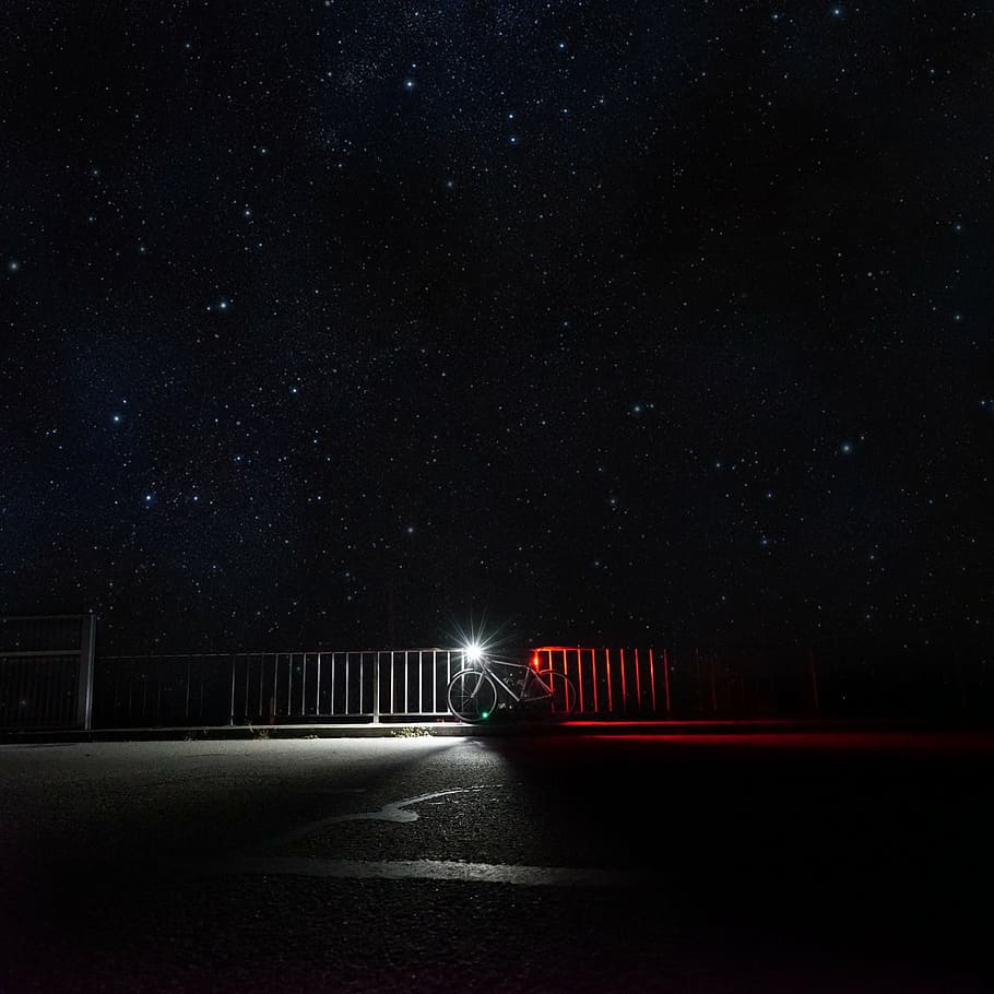 bicycle, handrails, starry sky, galaxy, night, stars, shooting, fence, dark, sky