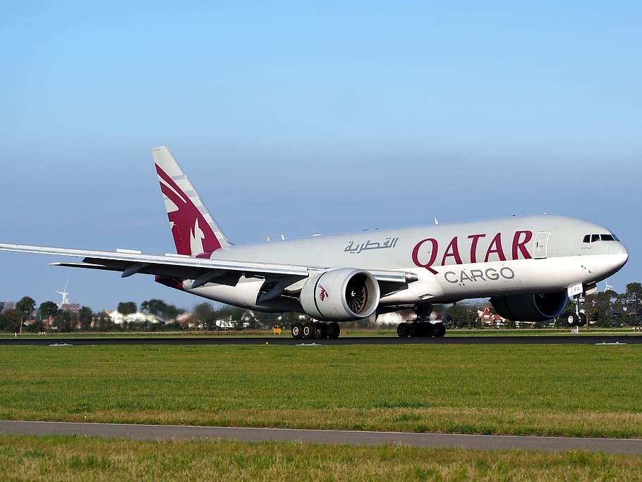 gray, qatar cargo airliner land, ground, qatar airways, cargo, boeing 777, airport, plane, aircraft, aviation