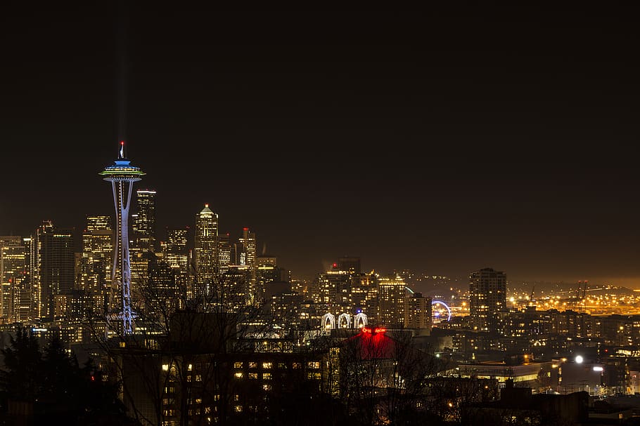 long exposure, city, cityscape, lights, seattle, washington, space needle, key arena, pacific science center, travel