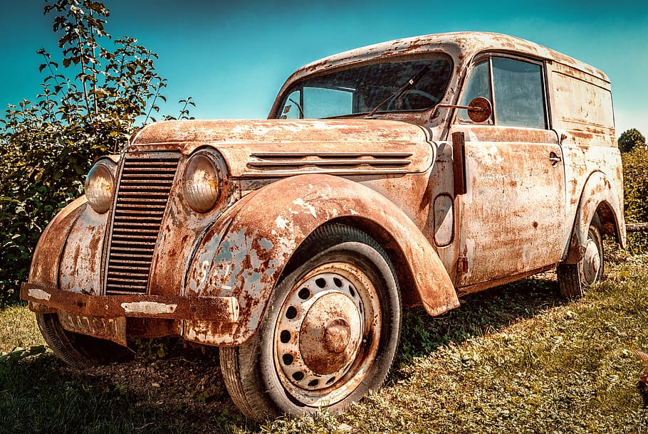 foto, oxidado, vintage, blanco, coche, verde, césped, auto, Renault Juvaquatre, PK