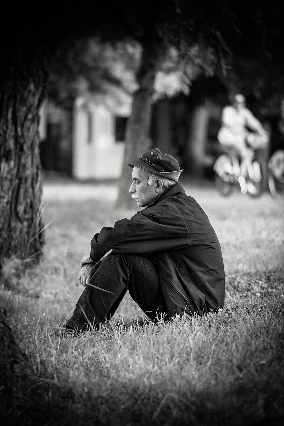 grass, people, old, man, sad, black and white, trees, playground, sitting, one person