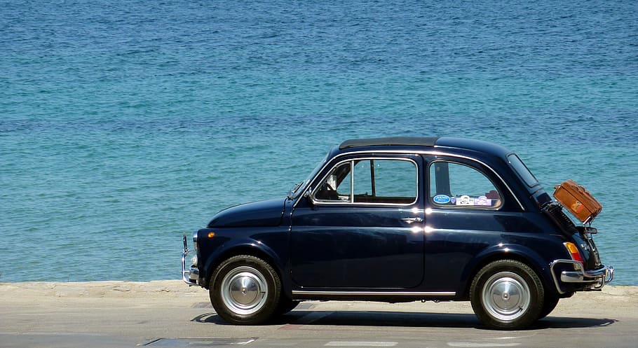 blue, coupe, road, sea, daytime, auto, vehicle, vehicles, fiat, 500