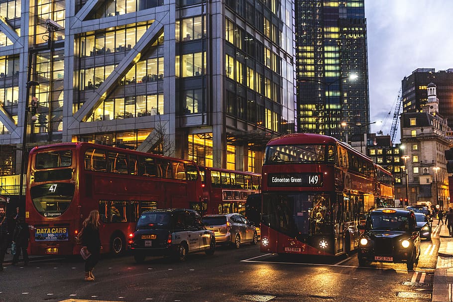 タクシー, バス, 車, 通り, ロンドン, 日没, 交通, ロンドンの通り, 都市, 夜