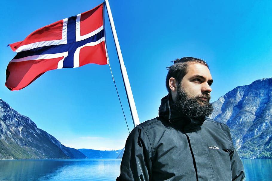 man, standing, red, blue, flag, viking, norway, sweden, iceland scandinavian, norwegian