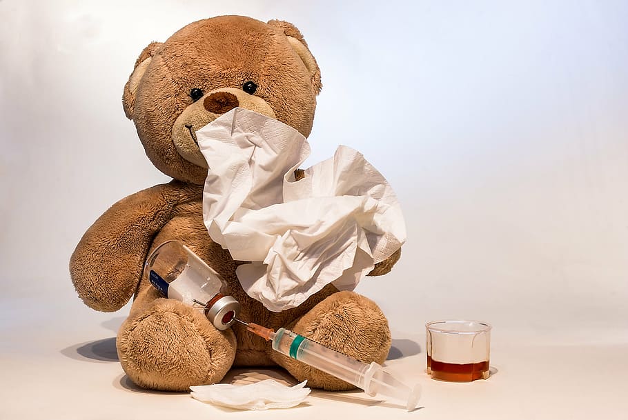 brown, bear, plush, toy, cold, flu, ill, syringe, flu vaccination, vaccinate