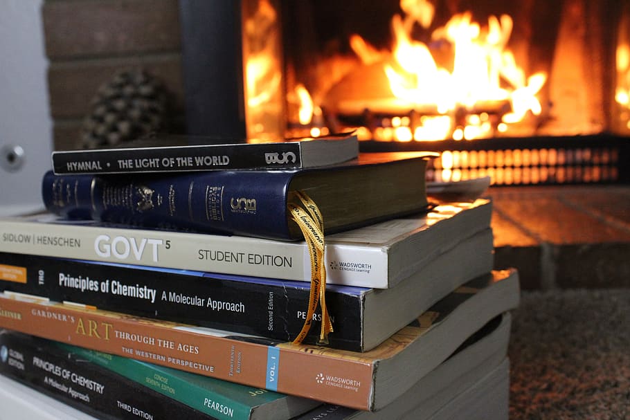 heat, indoors, flame, study, homework, research, fireplace, winter, cold, test