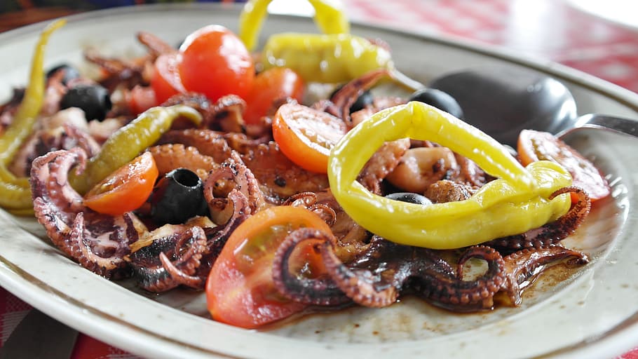 squid dish, fish, antipasti, grilled, oil, vinegar, pepperoni, onion, starter, octopus