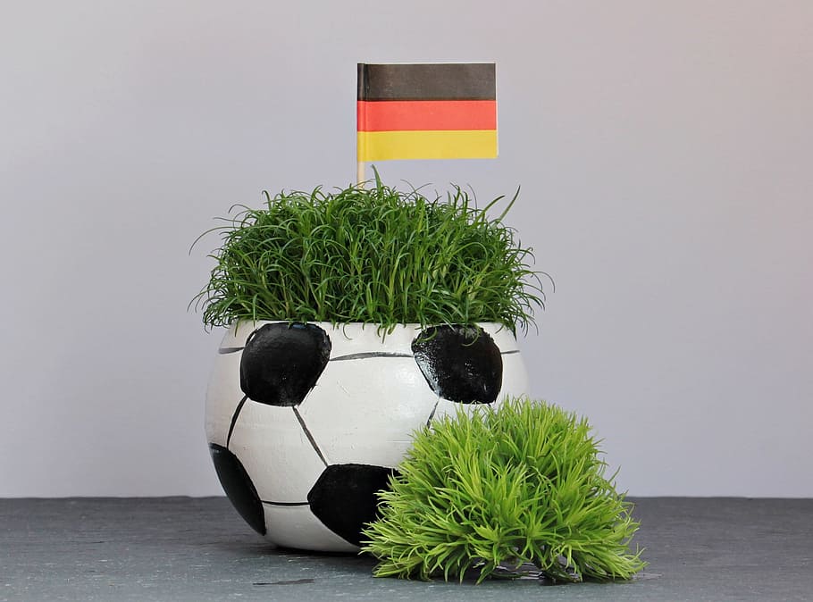 white, black, soccer ball-themed pot, green, grass, germany flag decor, Football, Tournament, Em, 2016