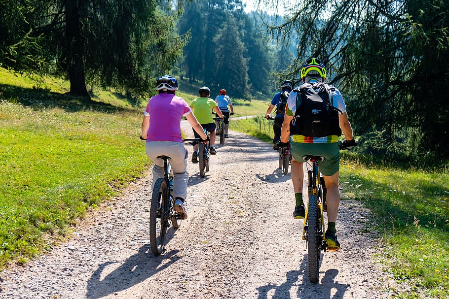 bicicleta de montanha, bicicleta, ciclismo, verão, dolomitas, paisagem, grupo, desportivo, ciclistas, transporte