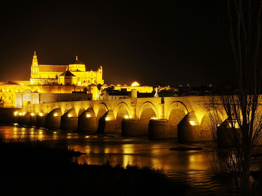 Cordoba, Roman Bridge, Mosque, the roman bridge, night, reflection, illuminated, water, river, architecture