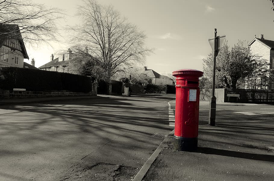 selective, color photo, red, water hydrant, mailbox, england, architecture, business, symbol, letters