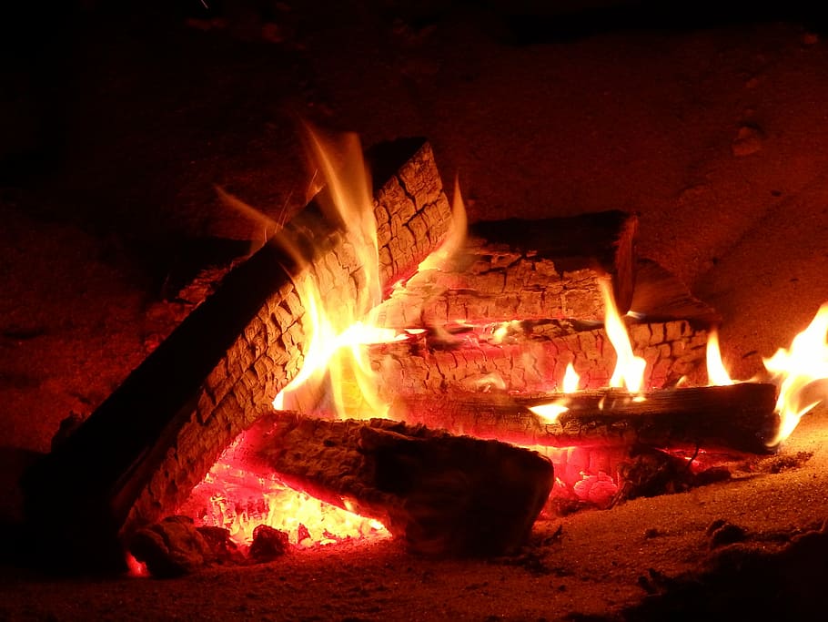 close, bonfire, crackle, campfire, fire, logs, flame, heat, wood, hot