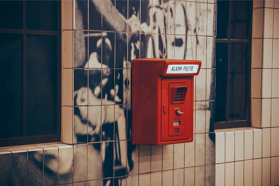 red, alarm, box, wall, reflection, communication, technology, telephone booth, telephone, connection