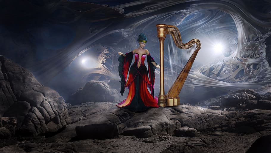 mujer, jugando, animación de instrumento de arpa, fantasía, arpa, cueva, mística, romántica, atmósfera, piedra