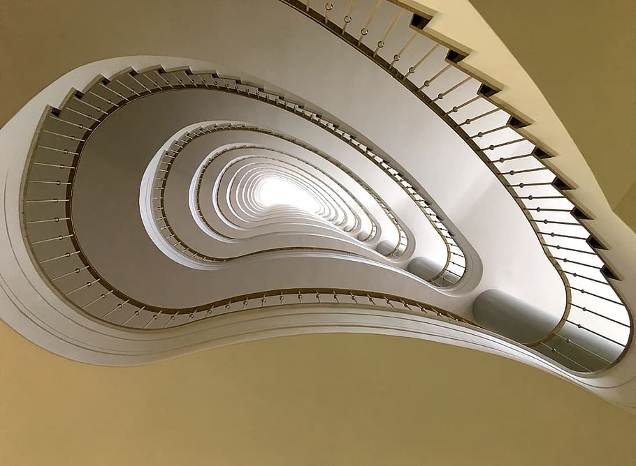 worms eye view, white, spiral staircase, staircase, berlin, architecture, interior, building, railing, alliance skyscraper