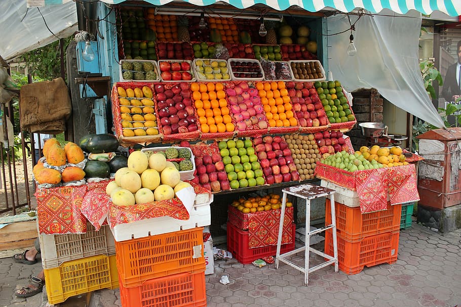 fruit shop, fruit vendor, street, india, vendor, fruits, selling, seller, stall, market