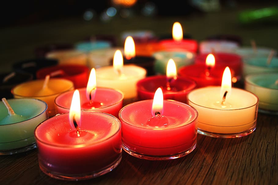 assorted-color, lighted, tealight candles, candles, flame, colorful, christmas, fire, light, color