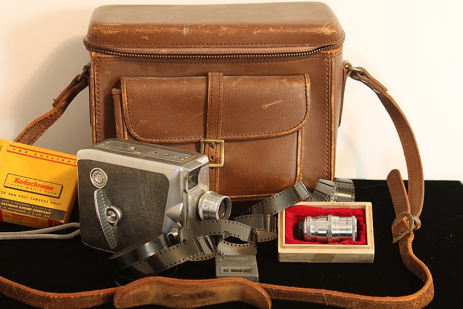antique, camera, film, leather bag, lenses, keystone, olympic, k-33, 8 mm, kodachrome