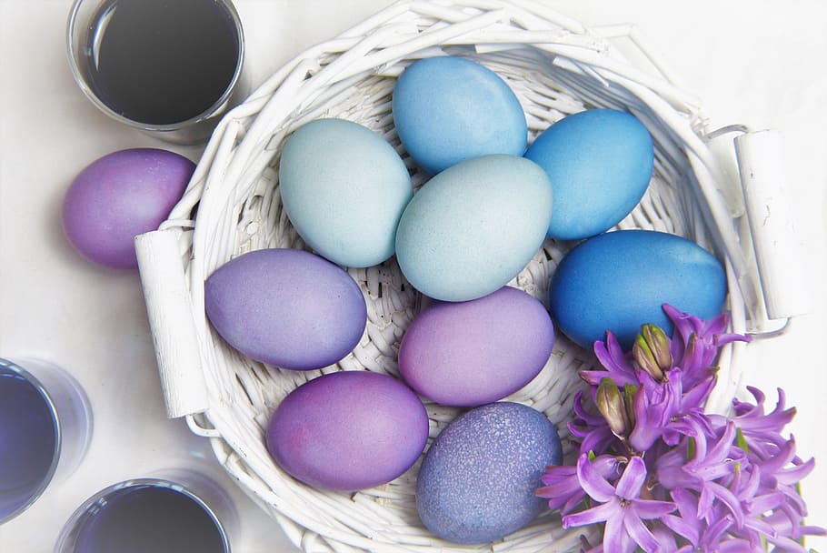 assorted, painted, eggs, round, white, wicker basket, easter, egg, background, color