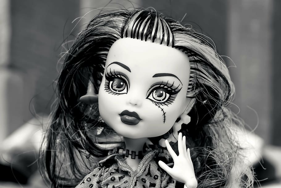 grayscale photography, monster, high, doll, gothic, horror, face, halloween, weird, scary
