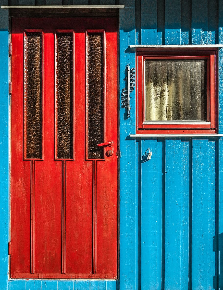 closed red door, door, window, house, home, entrance, building, windows and doors, exterior, wooden
