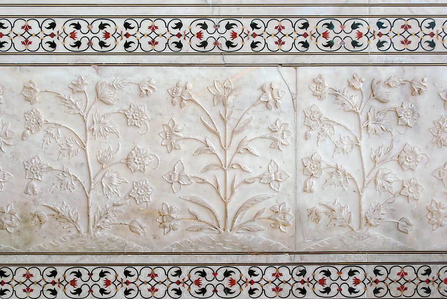 fotografía de primer plano, beige, negro, floral, textil, India, Agra, Taj Mahal, mármol, bajorrelieve