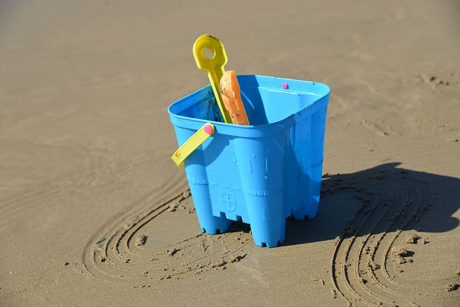 azul, balde de areia, cinza, praia, balde, pá, areia, verão, mar, férias