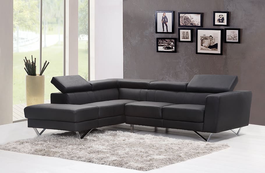 black sectional sofa, sofa, couch, living room, home, interior, carpet, modern, room, house