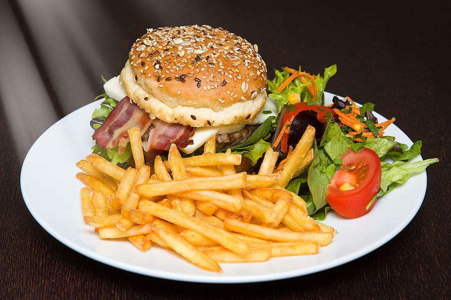 fries, plate, Hamburger, Food, Burger, French Fries, salad, fast food, prepared potato, food and drink